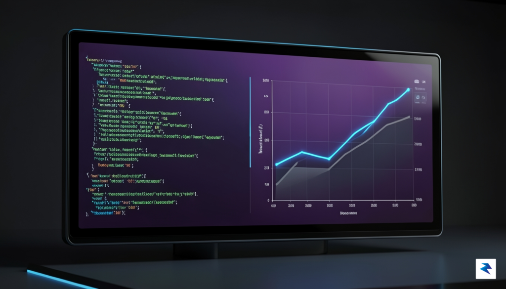 A sleek, futuristic AI interface displaying lines of code being…