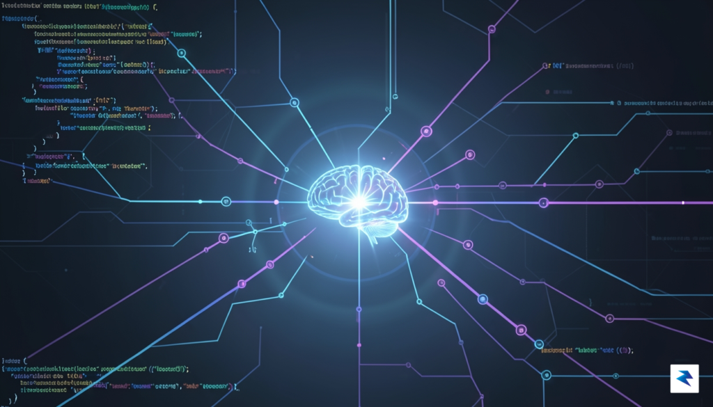 A sleek, futuristic digital workspace showing complex code structures glowing…