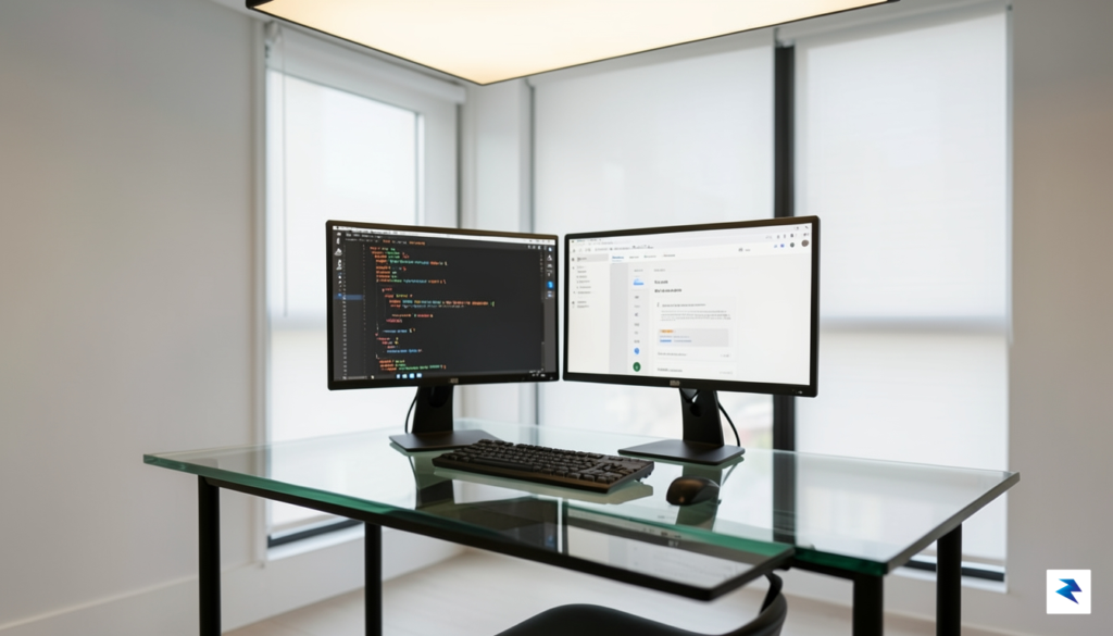A modern, minimalist workspace with a dual-monitor setup, one screen…