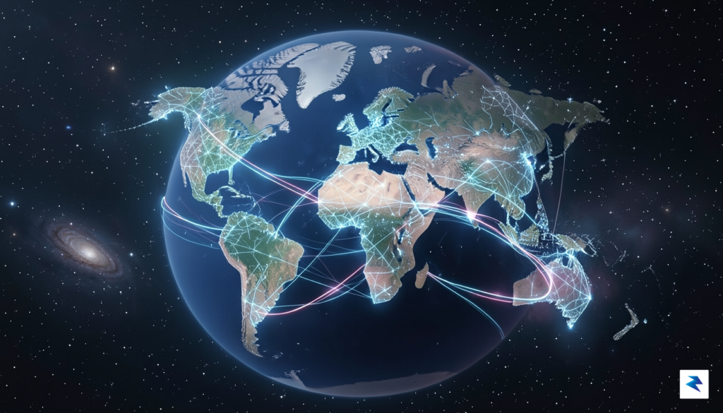 A sleek, modern digital visualization showing a glowing, interconnected global…