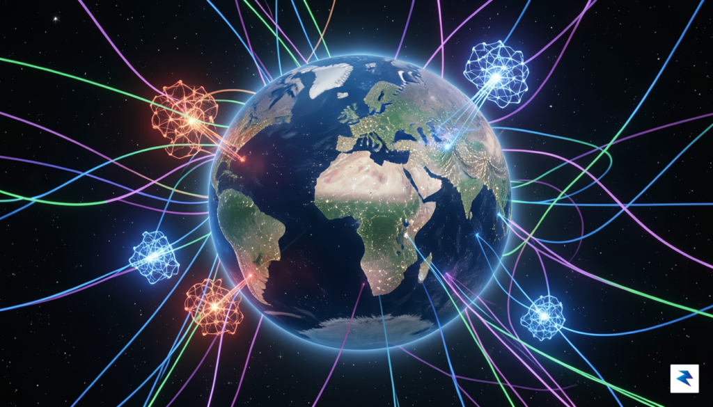 A conceptual digital illustration showing a globe connected by glowing…