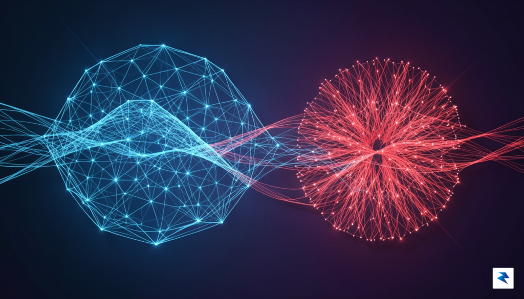 A conceptual digital visualization showing two light-emitting fiber optic networks…