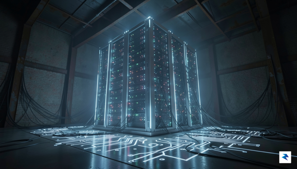A conceptual digital art piece showing a massive, glowing server…