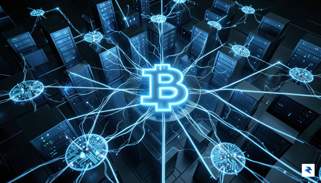 A conceptual visualization showing a digital currency symbol glowing in…