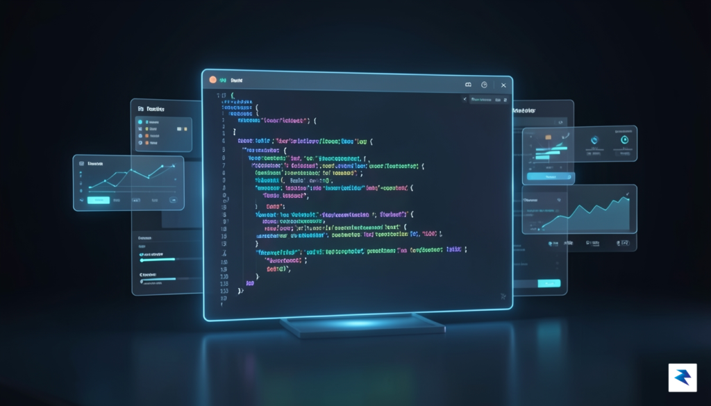 A sleek, futuristic digital workspace showing lines of clean code…
