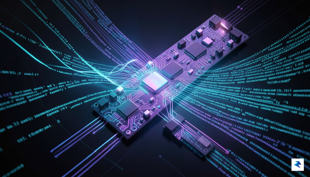 A sleek, high-tech conceptual visualization showing glowing circuit boards transitioning…