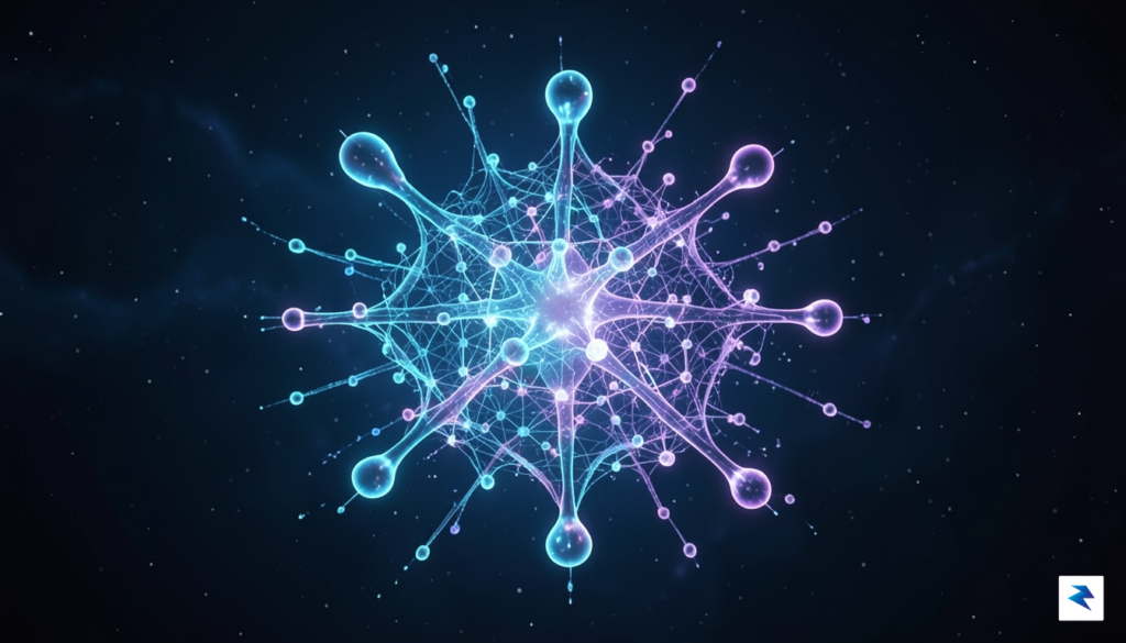 A conceptual digital visualization showing a glowing, intricate neural network…