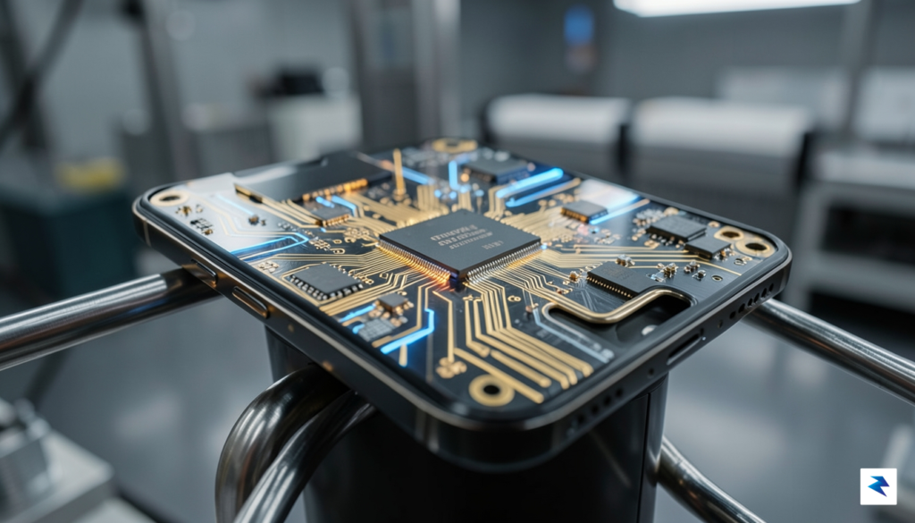 A close-up, cinematic shot of a sleek smartphone internal motherboard&hellip;