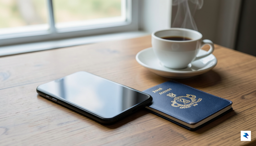 A sleek, modern smartphone resting on a wooden desk next…