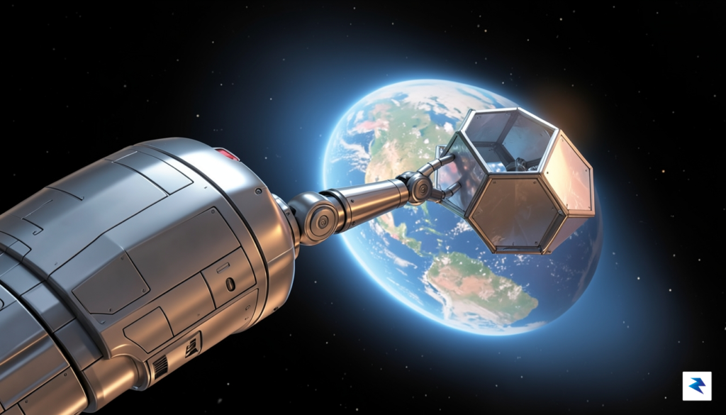 A detailed digital illustration of a sleek, metallic robotic servicing…