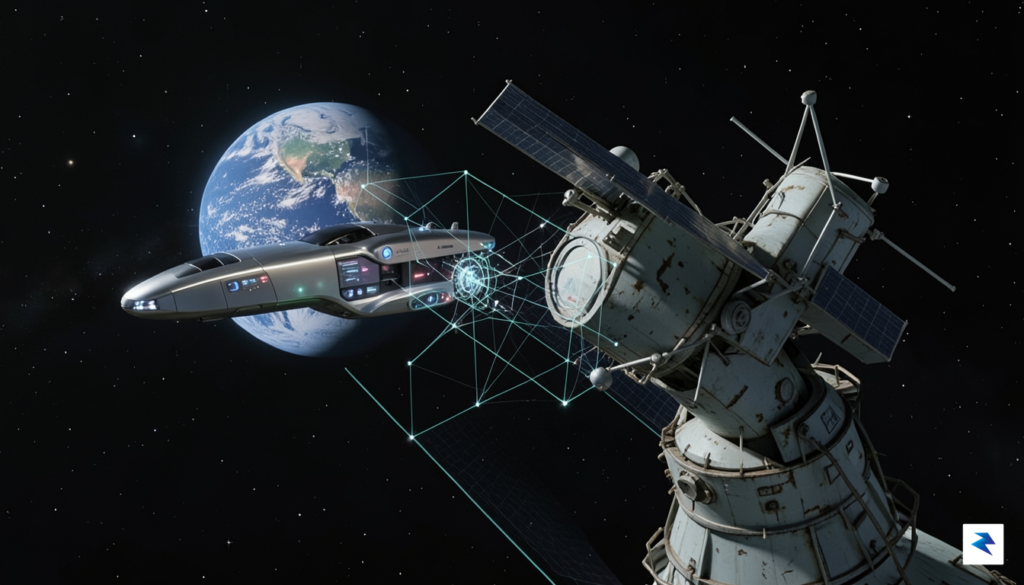 A digital rendering of a sleek, autonomous robotic craft approaching…