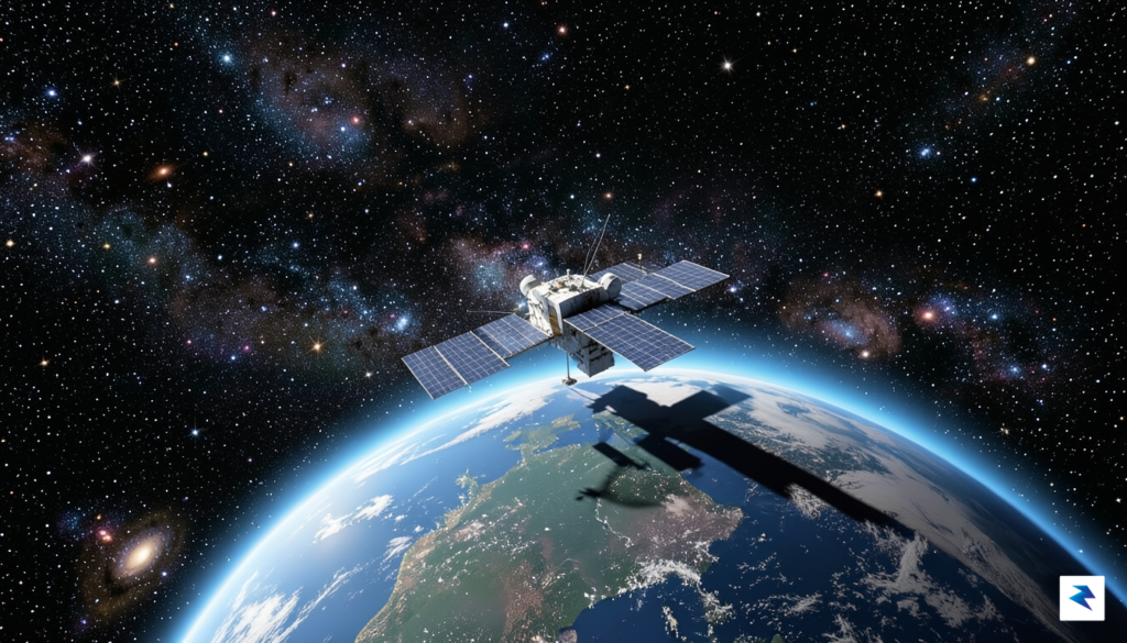 A digital illustration of the Neil Gehrels Swift Observatory orbiting…