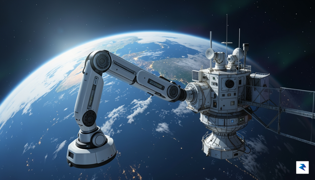 A digital illustration showing a sleek, modular robotic arm docked…