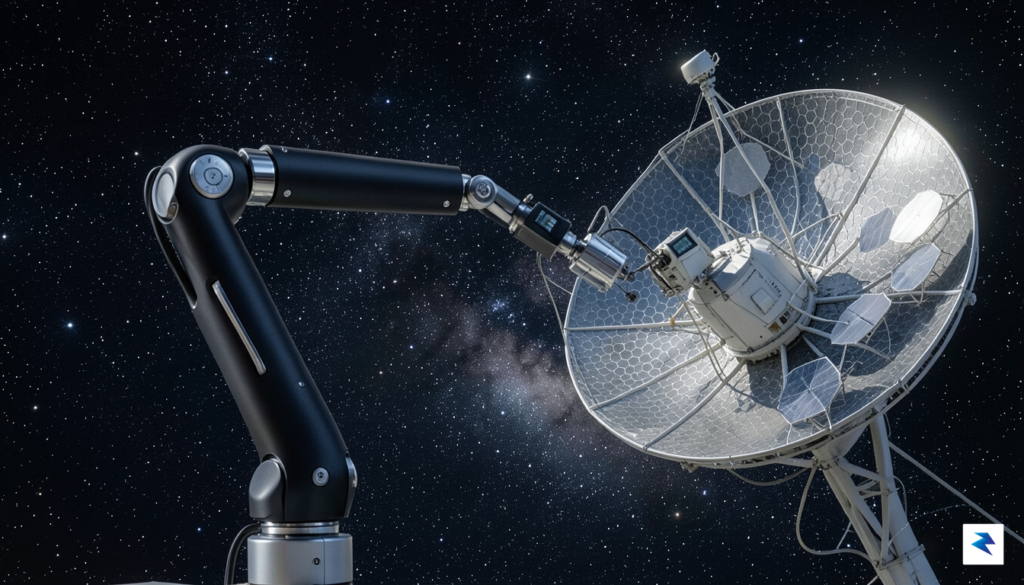 A sleek, futuristic robotic arm attached to a servicing craft…