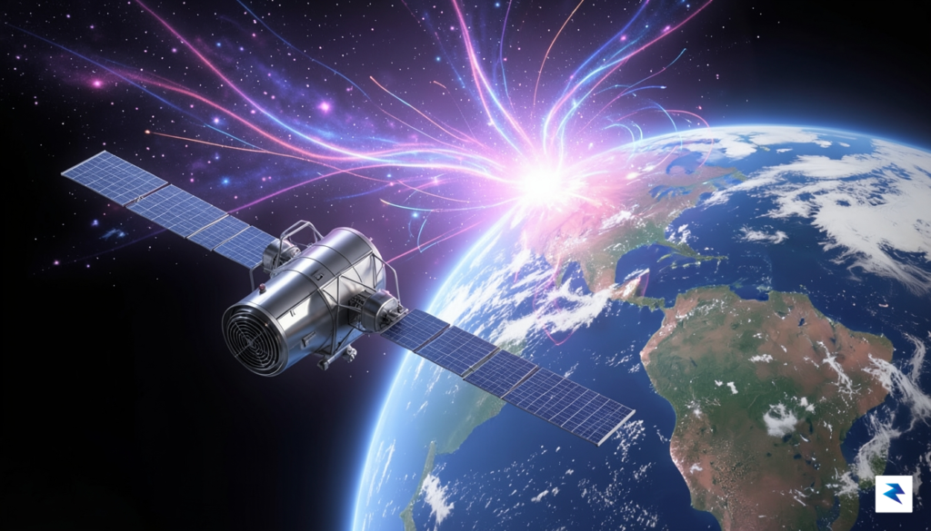 A digital illustration showing the Swift Observatory orbiting Earth, with…