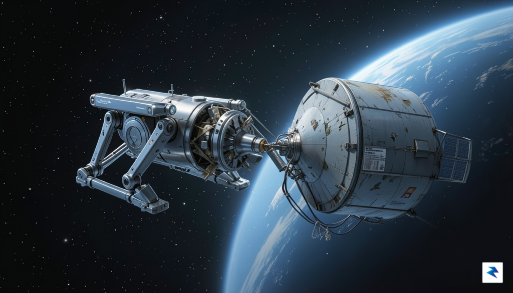 A conceptual illustration showing a robotic servicing spacecraft docking with…