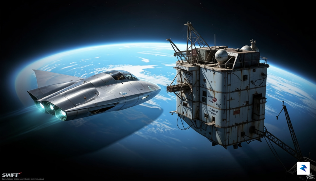 A detailed digital illustration showing a modern, sleek rescue spacecraft…