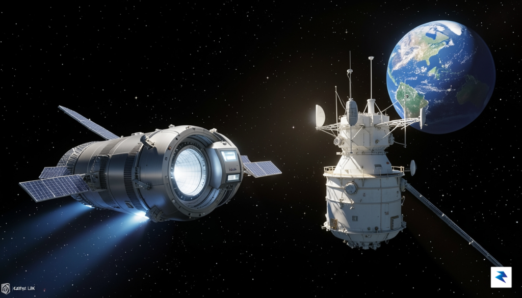 A 3D render of the Katalyst Link spacecraft approaching the…