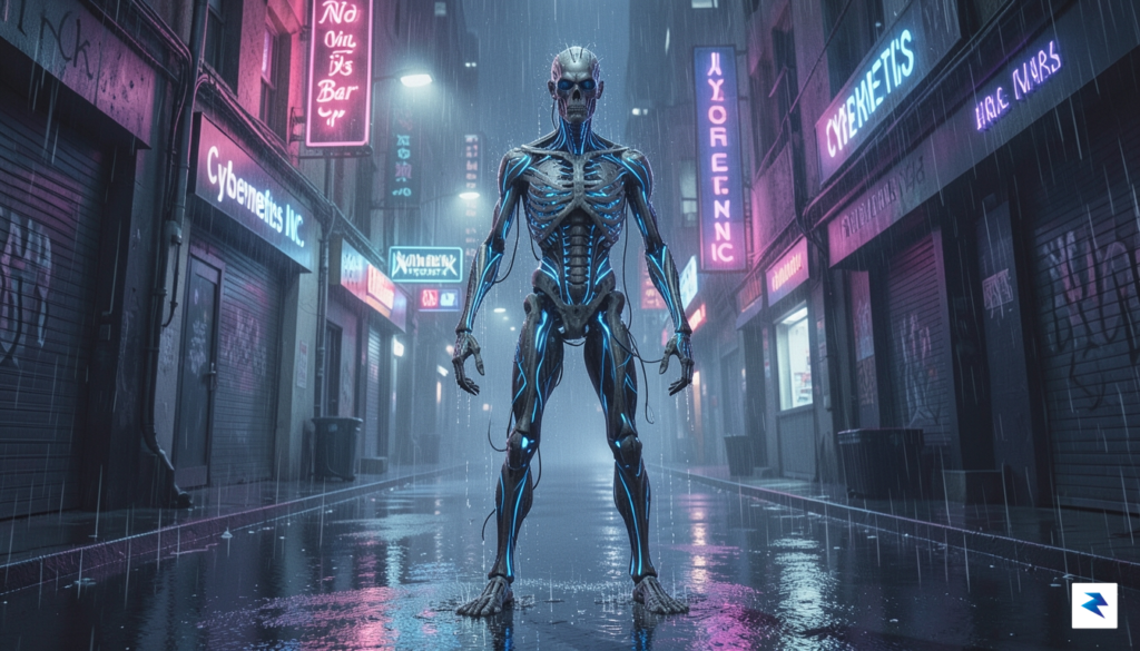A dark, gritty sci-fi scene featuring a skeletal, biomechanical humanoid&hellip;