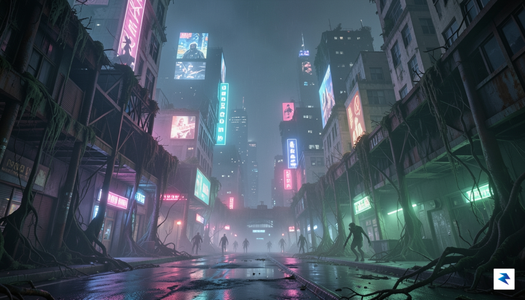 A cinematic wide shot showing a gritty, neon-lit cyberpunk cityscape&hellip;