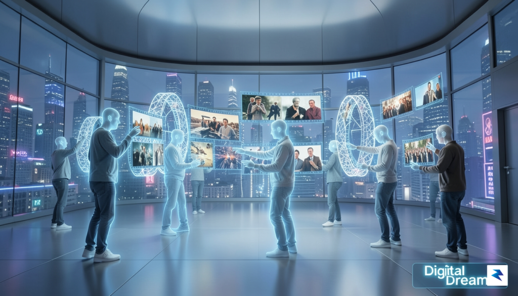 A conceptual digital art piece showing a futuristic film studio&hellip;