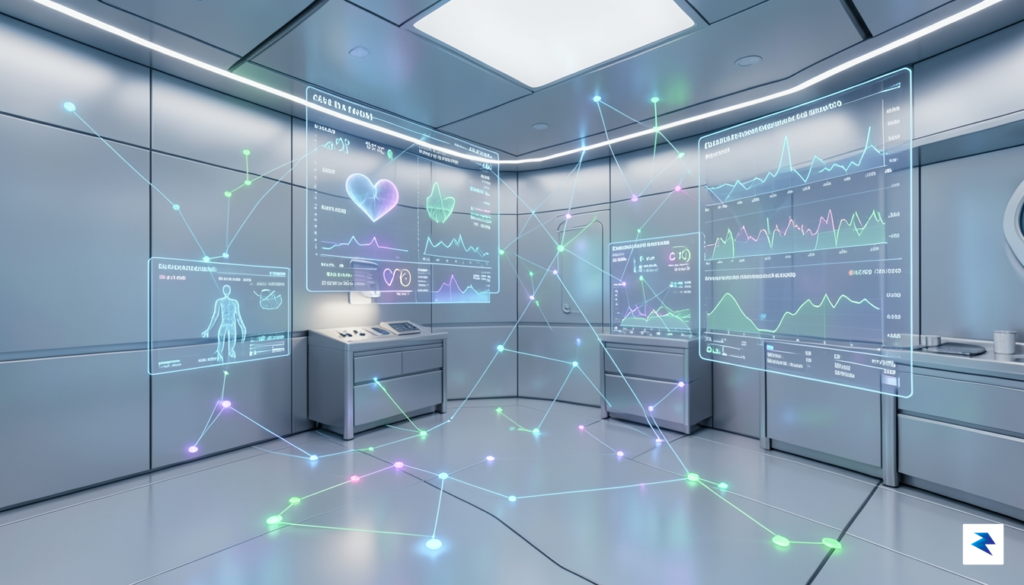 A conceptual digital art piece showing a sleek, futuristic medical…