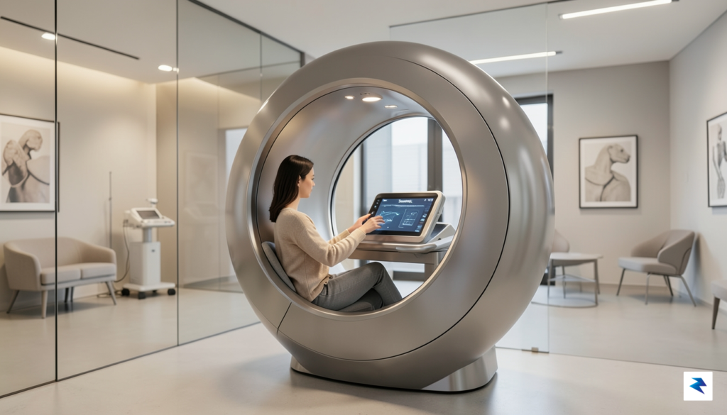 A sleek, minimalist medical clinic interior featuring a circular, high-tech…