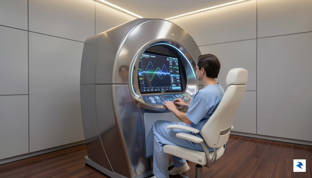 A sleek, modern medical scanning suite with soft ambient lighting,…