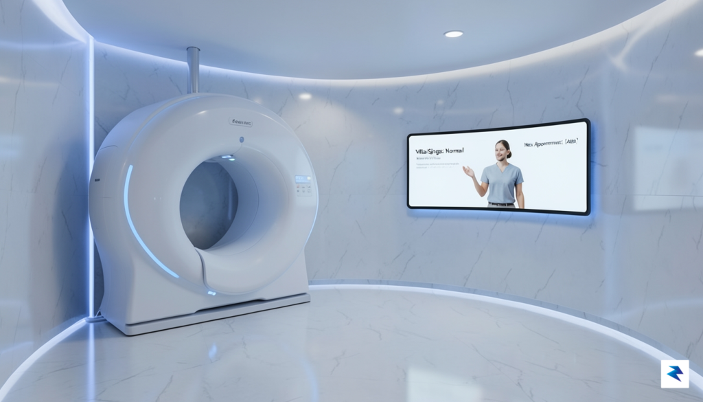 A high-tech, minimalist medical clinic interior with advanced diagnostic scanning…