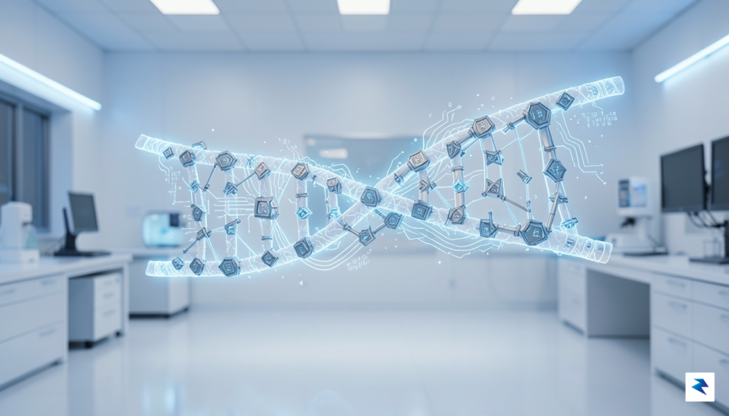 A conceptual digital art representation of a glowing human DNA…