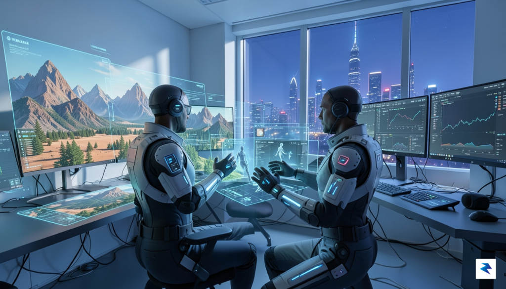 A futuristic digital studio interface where a filmmaker works with…