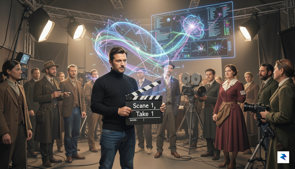 A conceptual digital illustration showing a film set where a…