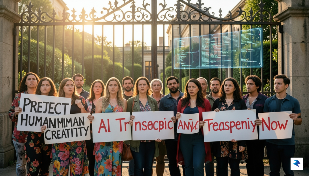A diverse group of artists, writers, and actors standing in…