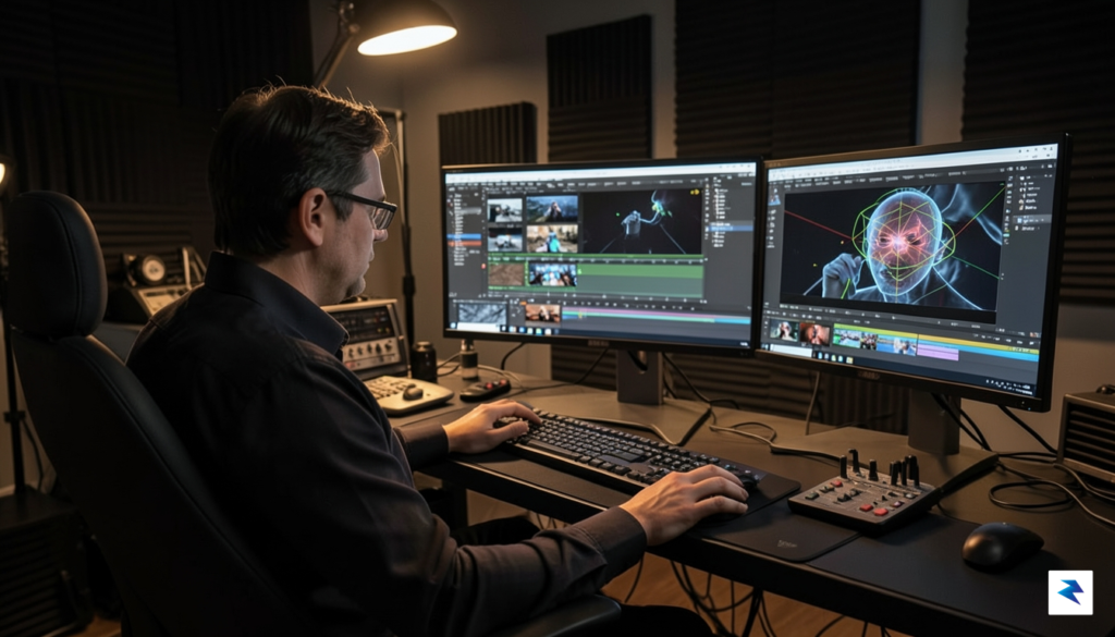 A behind-the-scenes shot of a professional film editor working at…