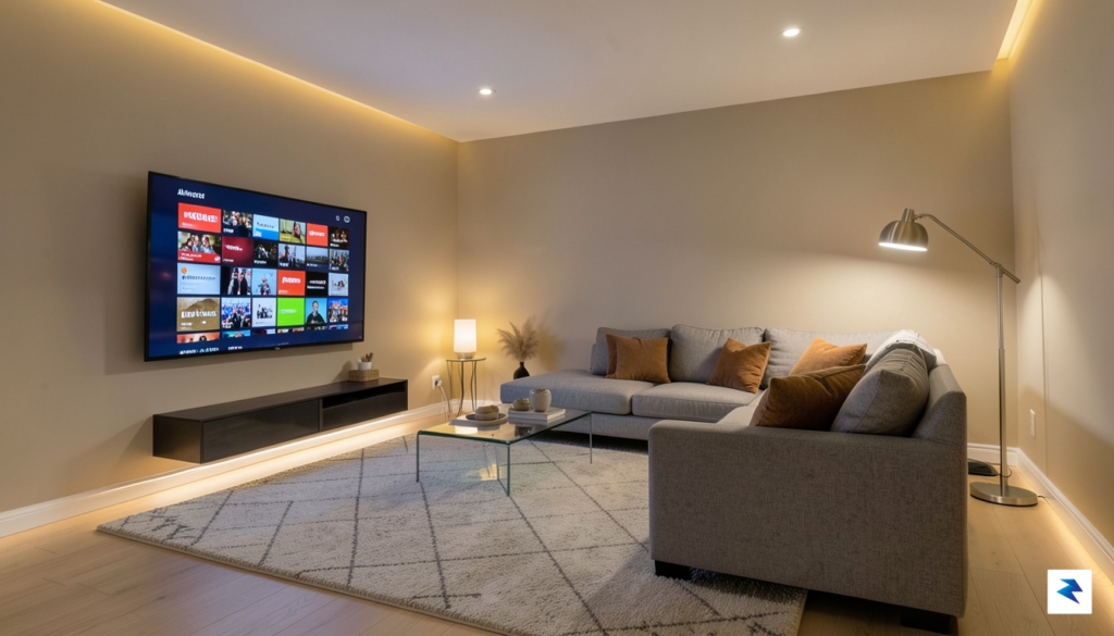 A sleek, modern living room setup showing a television screen…