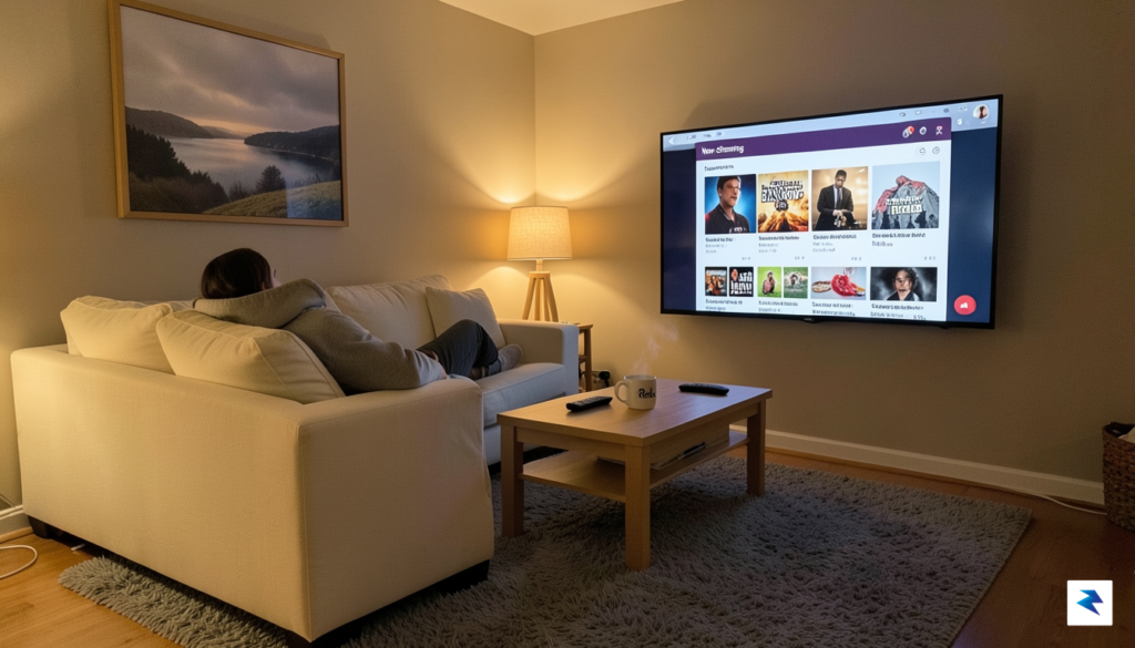 A cozy living room scene at night featuring a television…