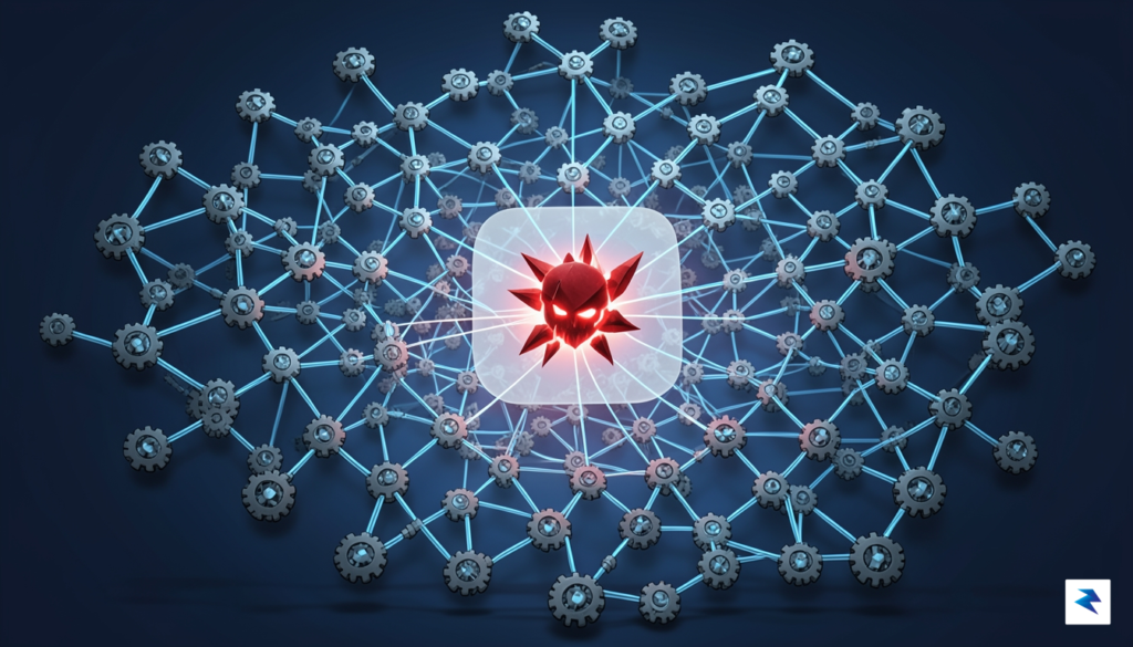 A digital illustration showing a complex web of interconnected Android…