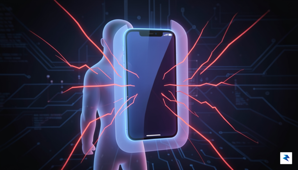 A conceptual digital illustration showing a glowing human shield protecting…