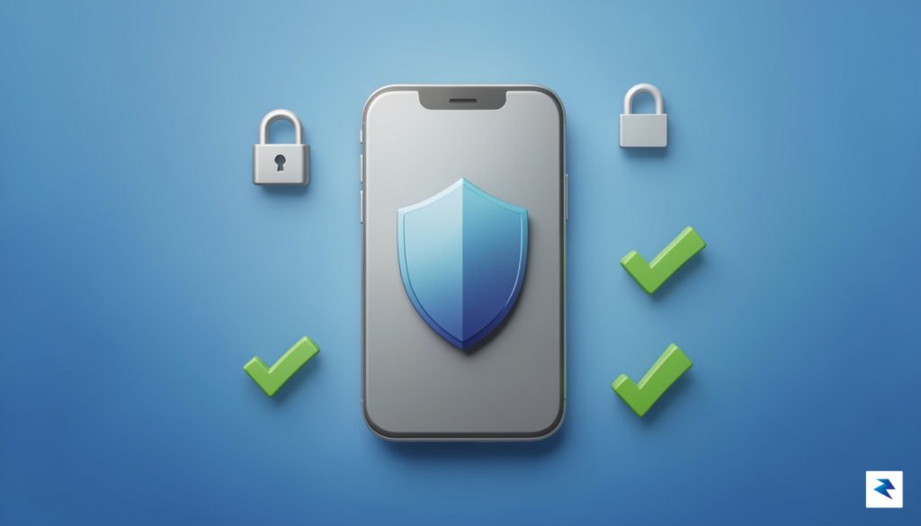 A clean, minimalist graphic showing a smartphone with a shield…