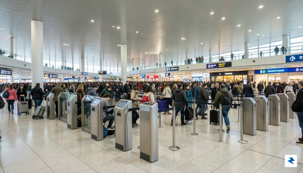 A wide-angle shot of a crowded international airport terminal with&hellip;