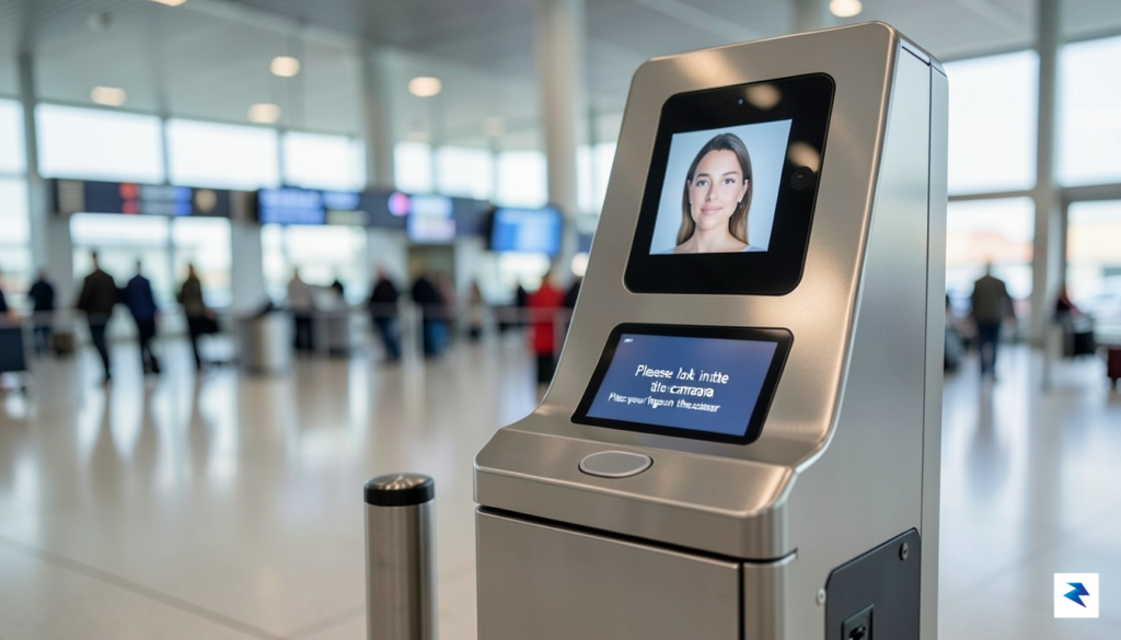 A modern, sleek airport border control kiosk featuring a digital&hellip;