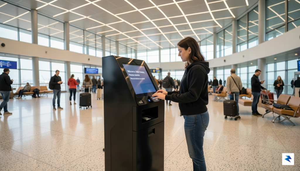 A modern, bustling international airport terminal with travelers calmly checking&hellip;