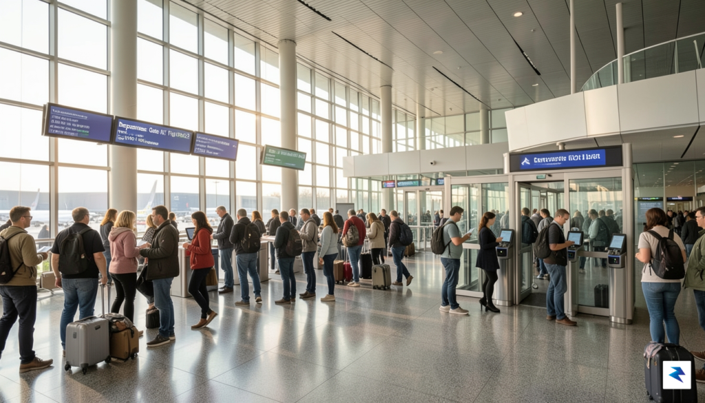 A wide-angle shot inside a busy international airport terminal, showing&hellip;