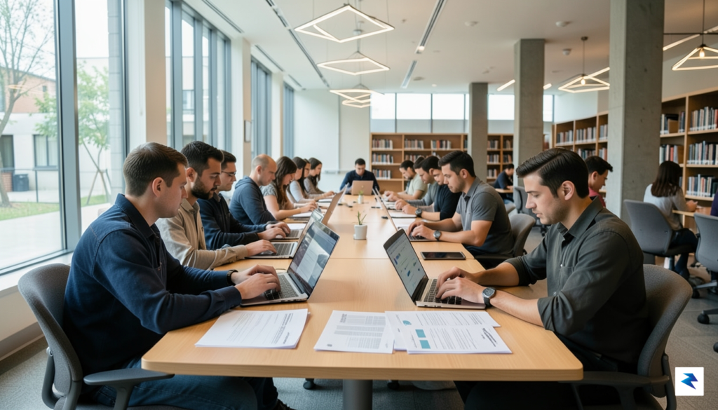 A diverse group of students sitting in a modern library,&hellip;