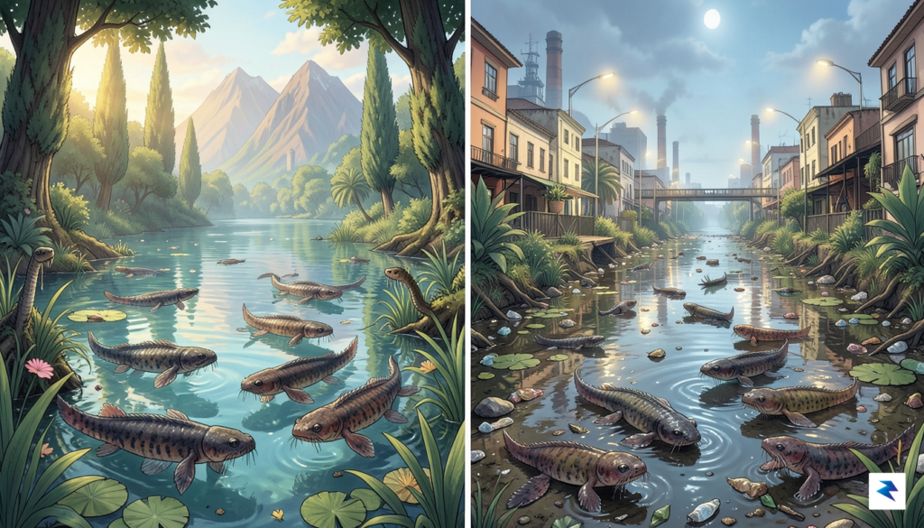 A detailed illustration contrasting ancient axolotls in a pristine prehistoric…