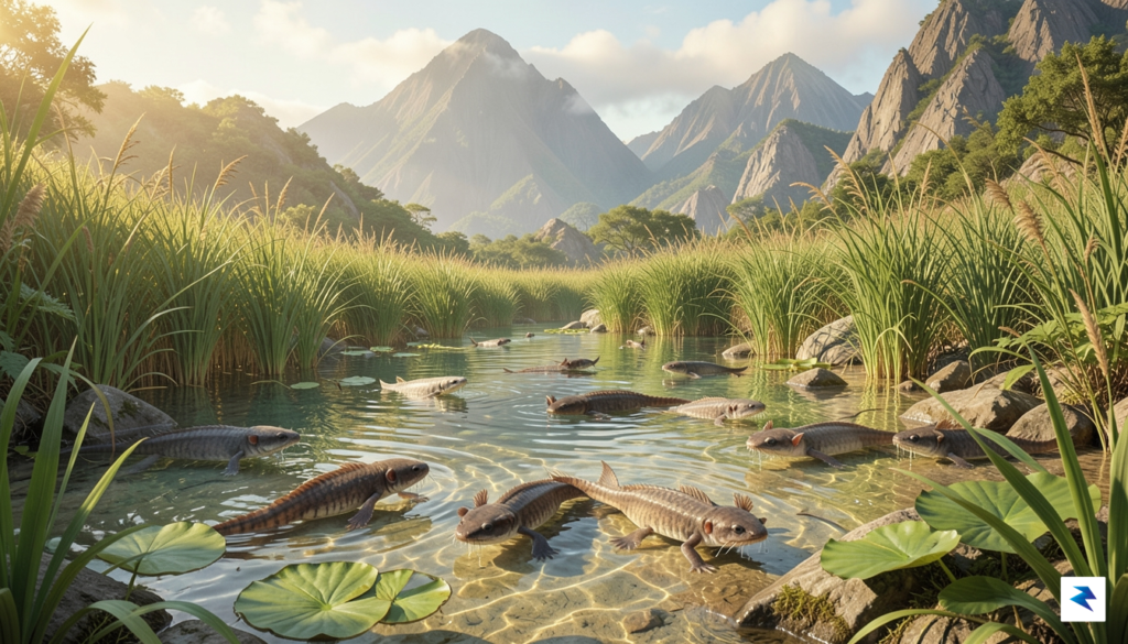 A detailed paleo-art illustration showing a lush, prehistoric wetland in…