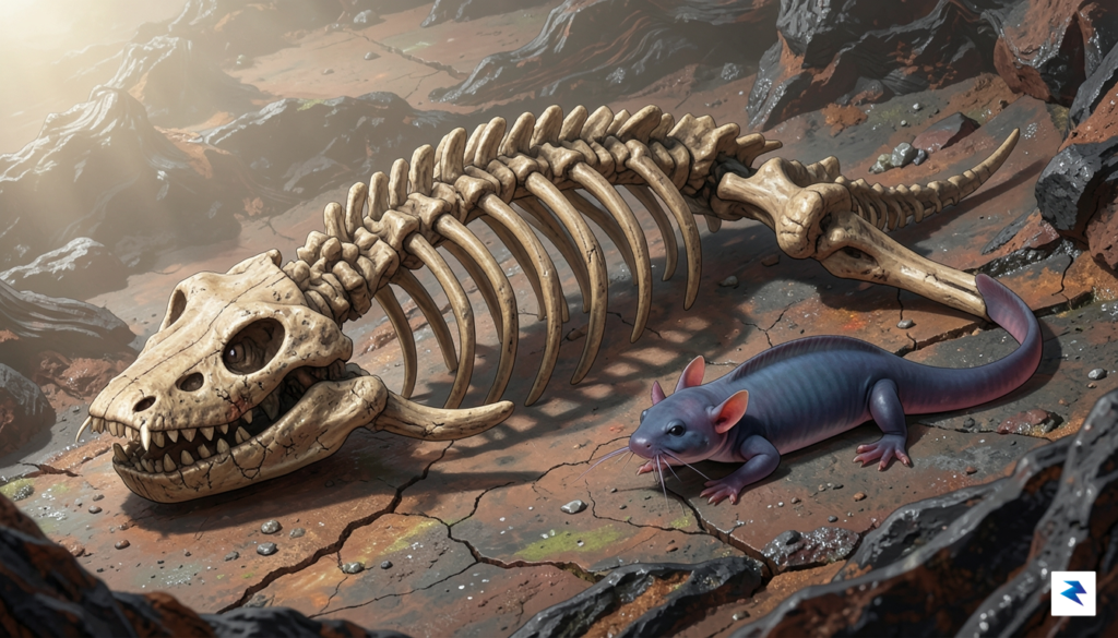 A highly detailed scientific illustration of the fossilized skeletal remains…