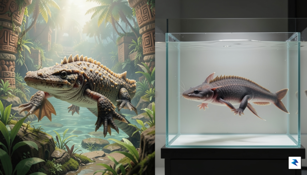 A detailed artistic reconstruction of the fossil salamander Ambystoma quetzalcoatli,…