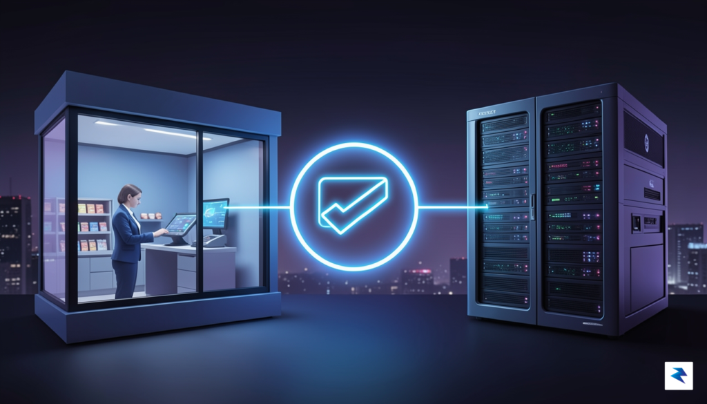 A conceptual illustration showing a digital credit card processing network…