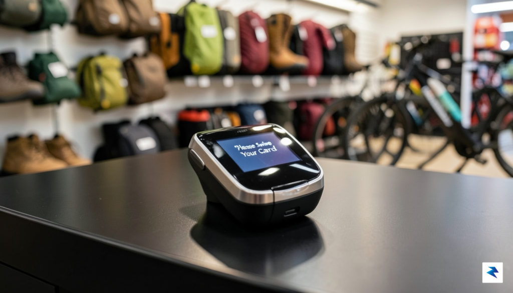 A close-up, high-resolution photograph of a digital credit card terminal…